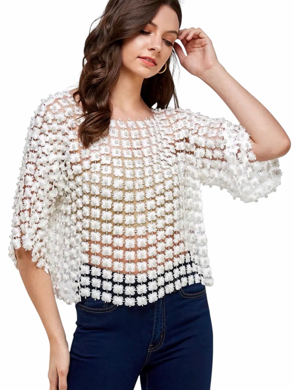 New Rivir Penelope White Flower Floral Daisy White Pearl Beaded Crochet Knit Top